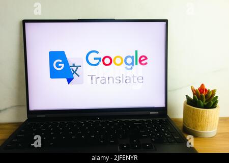 KONSKIE, POLAND - July 02, 2022: Google Translate app logo displayed on laptop computer screen Stock Photo