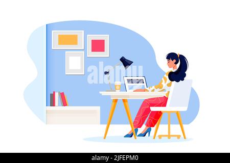 Woman works in office or in home. Young girl freelancer sitting at the table and using computer. Vector flat cartoon businesswoman character illustrat Stock Vector