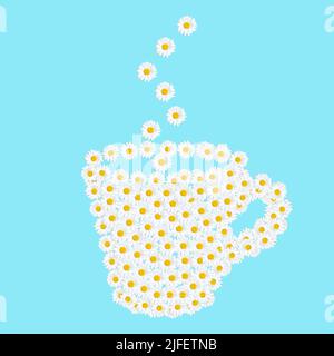 Steaming camomile tea cup shape made from daisy flower heads isolated on blue background. Stock Photo