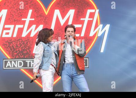 Cast for Back to the Future : The Musical, currently at the Adelphi Theatre, London, UK Stock Photo