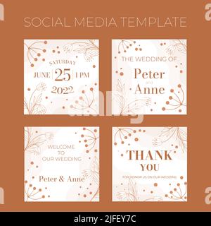 Floral wedding square social media template in doodle style, invitation card design beige and white flowers, leaves and berries. Decorative frame patt Stock Vector