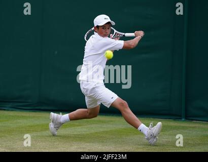 Benjamin Gusic Wan during his Boys' Singles match against Peter Benjamin Privara during day six of the 2022 Wimbledon Championships at the All England Lawn Tennis and Croquet Club, Wimbledon. Picture date: Saturday July 2, 2022. Stock Photo