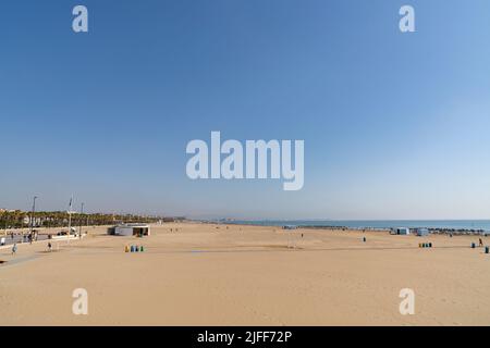 Valencia, Spain. 29th June, 2022. View of the El Cabanyal Beach - Las Arenas. The beaches of Valencia are one of the main tourist attractions of the city. (Photo by Xisco Navarro/SOPA Images/Sipa USA) Credit: Sipa USA/Alamy Live News Stock Photo