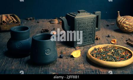 Chinese tea ceremony ancient vintage clay Chinese teapot classical traditional style Stock Photo