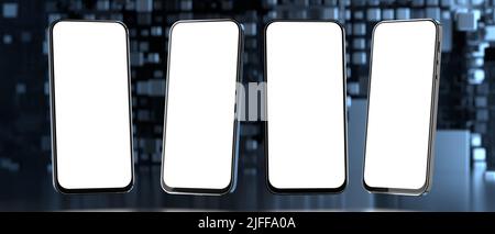 Mockup of four smartphones on a technological background. White phone screen for your design. 3D rendering.. Stock Photo