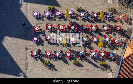 Aerial view, market place Soest with outdoor gastronomy, Soest, Soester Börde, North Rhine-Westphalia, Germany, outdoor gastronomy, café, DE, food and Stock Photo