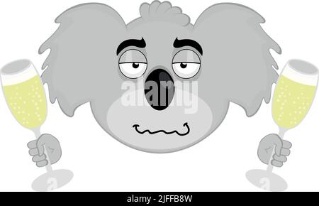 Vector illustration of the face of a drunken koala cartoon with champagne glasses in his hands Stock Vector
