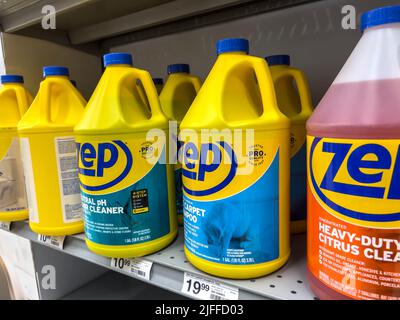 Mill Creek, WA USA - circa June 2022: Angled view of Zep specialty cleaning products for sale inside a Staples store Stock Photo