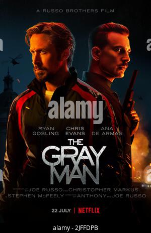 RELEASE DATE: July 22, 2022. TITLE: The Gray Man. STUDIO: Netflix. DIRECTOR: Anthony Russo, Joe Russo. PLOT: When the CIA's most skilled operative-whose true identity is known to none-accidentally uncovers dark agency secrets, a psychopathic former colleague puts a bounty on his head, setting off a global manhunt by international assassins. STARRING: RYAN GOSLING as Court Gentry aka Sierra Six, CHRIS EVANS as Lloyd Hansen poster art. (Credit Image: © Netflix/Entertainment Pictures) Stock Photo