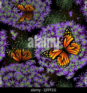Seamless pattern purple onion flowers on a dark background with butterflies. Vector illustration Stock Vector