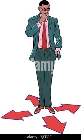 game character control right left forward back. Businessman at the fork. difficult decision Stock Vector