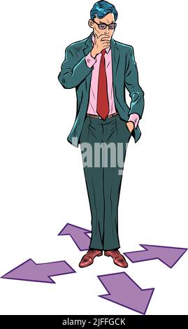 The avatar businessman is thinking where to go, right, left, forward or backward. Computer character Stock Vector
