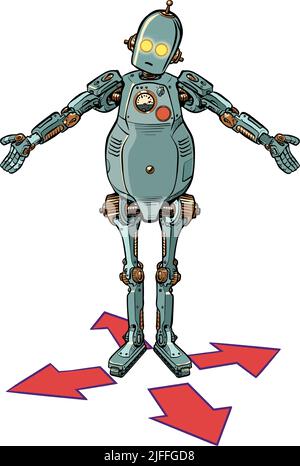 game character robot control right left forward back. Businessman at the fork. difficult decision Stock Vector