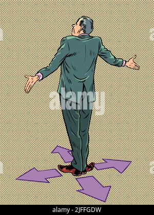 game character control right left forward back. Businessman at the fork. difficult decision Stock Vector