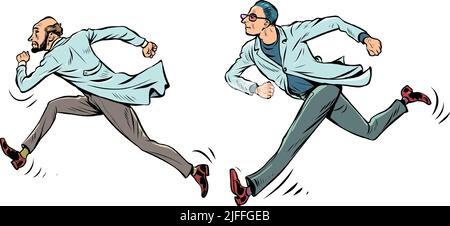 scientists run, scientific research. Doctors in white coats. Sports and health, anxiety and speed Stock Vector
