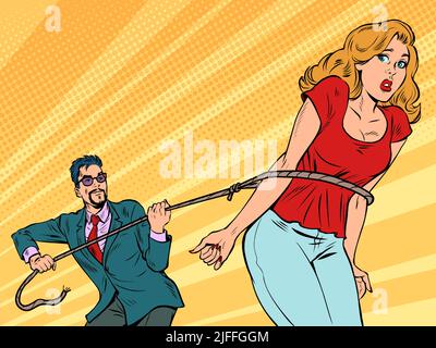 the man lassoed the woman, the husband threw a noose on his wife and took her prisoner. the concept of family violence, feminism and gender equality Stock Vector