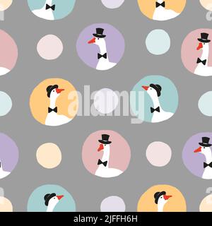 Seamless cute geese pattern. Vector goose gentleman colorful background Stock Vector