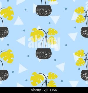 Trendy pattern with tropical house plants in pots. Vector  seamless background. Stock Vector