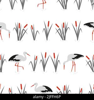 Storks and reeds seamless vector pattern. Textile, fabric design Stock Vector