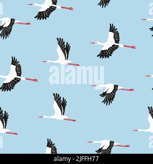 Seamless flying stork birds pattern. Vector illustration. Stock Vector
