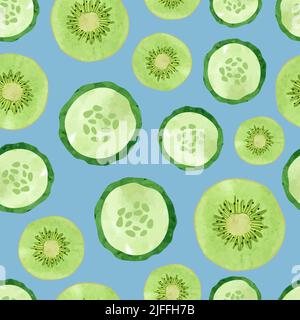 Seamless fruit and vegetable pattern with watercolor kiwi and cucumber slices. Green food background Stock Vector