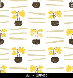 Seamless tropical house plants in pots pattern. Vector monstera background. Stock Vector