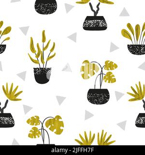 Seamless trendy pattern with cute tropical house plants in pots. Vector background. Stock Vector