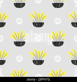 Seamless pattern with house plants in pots. Vector interior illustration, wallpaper design Stock Vector