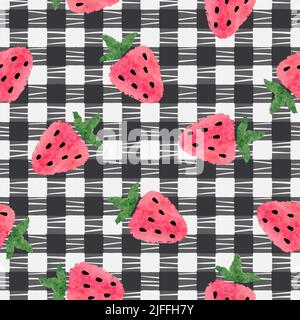 Seamless strawberry pattern. Vector checked background with red berries. Textile, fabric design Stock Vector