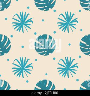 Seamless  tropical pattern with exotic leaves. Summer polka dot print. Stock Vector