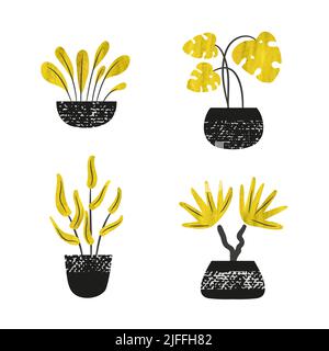 Set of tropical house plants in pots. Vector illustration in Scandinavian style. Home decor Stock Vector