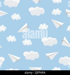 Seamless paper planes and clouds pattern. Vector doodle illustration. Stock Vector