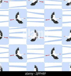 Seamless checkered pattern with flying stork birds. Textile design Stock Vector
