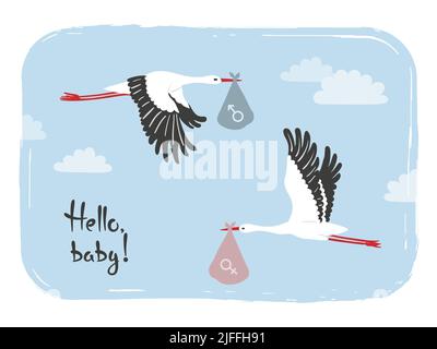 Cartoon flying stork in sky with baby. Baby shower card design. Stock Vector