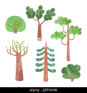 Set of watercolor trees. Cartoon tree and bush elements isolated on white. Vector illustration. Stock Vector