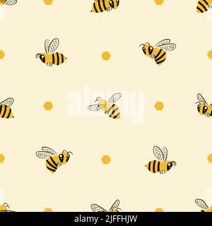 Cartoon honey bee and honeycomb seamless pattern. Childish vector illustration Stock Vector
