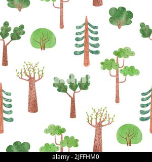 Seamless pattern with cartoon trees and bushes. Vector watercolor forest illustration Stock Vector