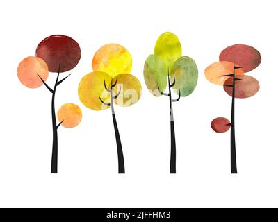 Set of watercolor trees. Abstract colorful autumn tree symbol isolated on white. Stock Vector