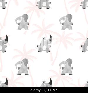Seamless kids pattern with cute animals. Vector background with elephants and rhinos. Stock Vector