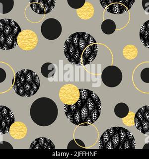 Seamless black and golden circles pattern. Abstract geometric background with round shapes. Stock Vector