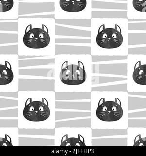 Seamless black cats faces pattern. Vector illustration with cute cats. Stock Vector