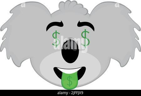 Vector illustration of the face of a koala cartoon with the dollar sign on the eyes and tongue Stock Vector