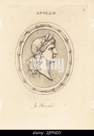 Bust of Apollo, Greek god of archery, music and dance, truth and prophecy, healing and diseases, the Sun and light, poetry,. In profile with laurel wreath and long hair. In nicolo. Apollo. In niccolo. Copperplate engraving by Giovanni Battista Galestruzzi after Leonardo Agostini from Gemmae et Sculpturae Antiquae Depicti ab Leonardo Augustino Senesi, Abraham Blooteling, Amsterdam, 1685. Stock Photo