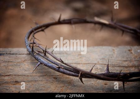 Copy space for Christian prayer text or quote with crown of thorns on old wood. Copy space Stock Photo