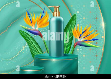 3D green bottle with gold dispenser on podium, tropical flowers and leaf vector illustration. Exhibition with realistic plastic package on round stage and background with marble texture and gold veins Stock Vector