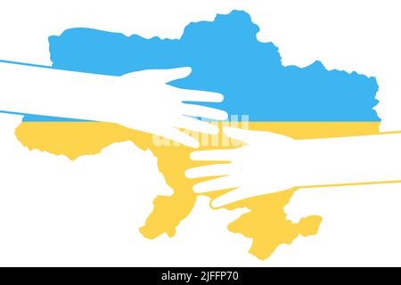 Hands embrace map with yellow blue Ukrainian flag vector illustration. Support and help of community in fight for victory, freedom and independence of Ukraine, people in world stand with Ukraine Stock Vector