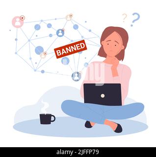 Restrictions on access to social media networks and contact block. Cartoon sad girl user sitting with laptop, communication list not available and blocked flat vector illustration. Censorship concept Stock Vector