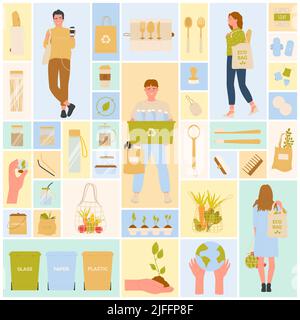 Zero waste lifestyle set vector illustration. Cartoon people sorting trash in container to reuse, sustainable ecological technology, eco objects and bags for shopping in geometric collage background Stock Vector