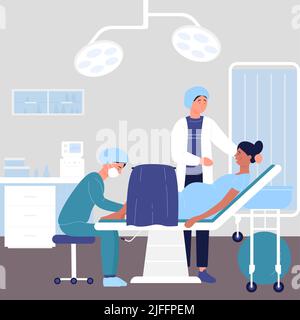 Medical care from obstetrician gynecologist to pregnant woman, childbirth in hospital vector illustration. Cartoon mom lying in hospital chair background. Medicine, obstetrics, maternity concept Stock Vector