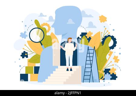 Open mind for future career, communication, business growth and success progress. Cartoon man standing on ladder to open door inside human silhouette flat vector illustration. Mental health concept Stock Vector